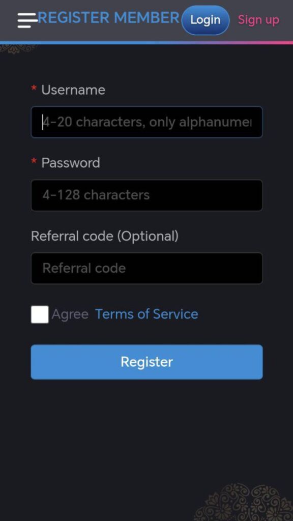 POTS888 APP Register Page